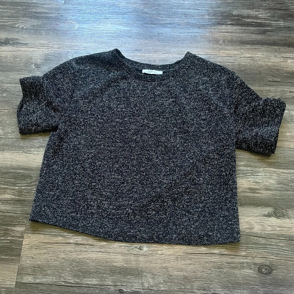 Zara Basic Vintage Black Top Cropped Boxy Knit Size Medium